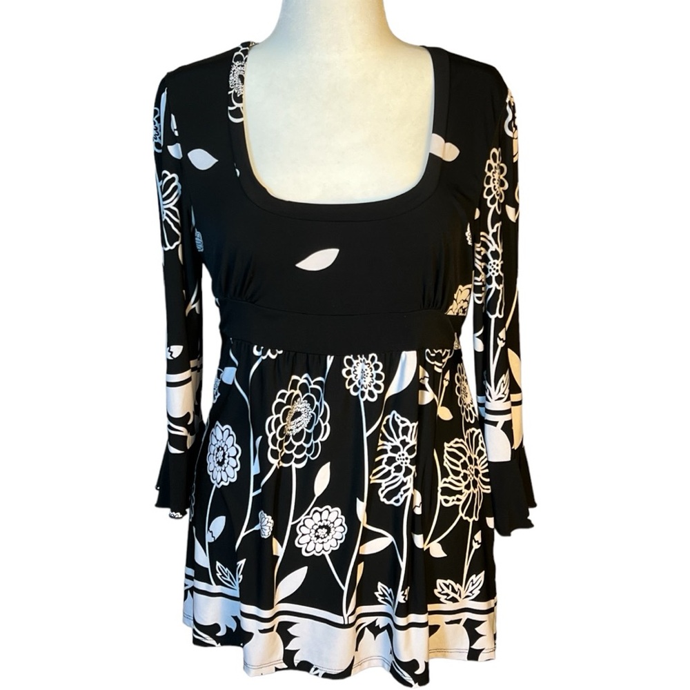 BIYAYCDA Black White Floral Tunic Scoop Neck Long Sleeves High Waist XL 091
